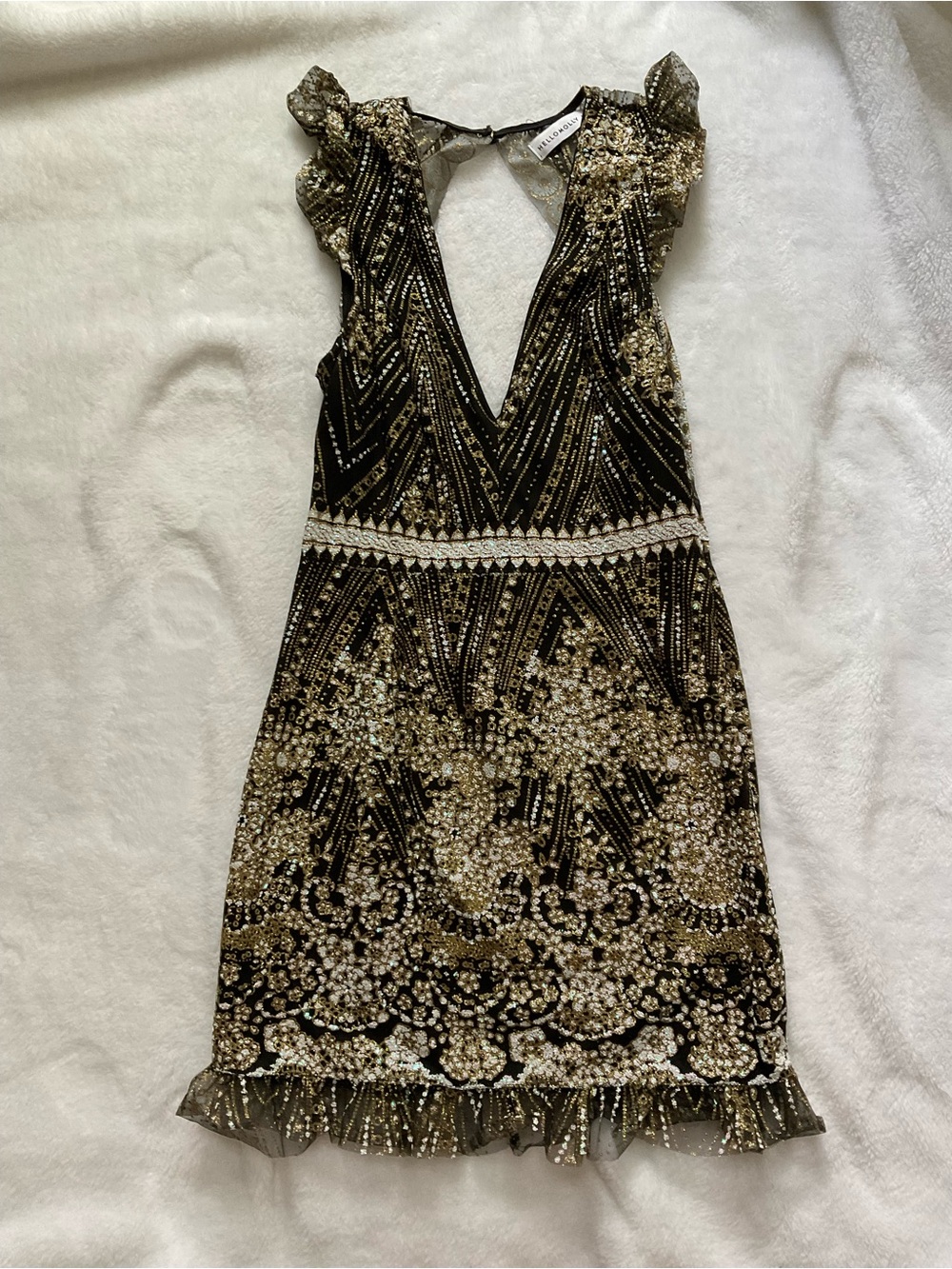Hello Molly Black & Gold Deep V Mini Dress